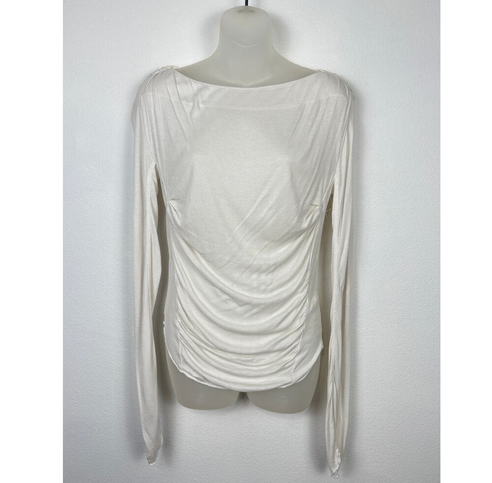 Free People Intimately Ruched Ribbed Viscose Long Sleeve Tee Top in White S NWOT